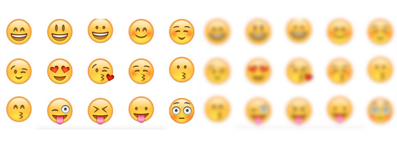 Ensemble de smiley jaunes avec différentes expressions. La partie droite de l'image est floutée et on se rend qu'on a du mal à distinguer les différentes expressions.