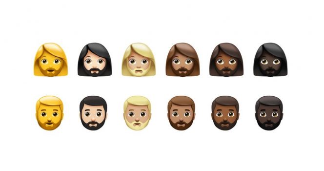 Emojis représentant 12 visages de personnages non genrés de couleurs de peaux et de cheveux différents.