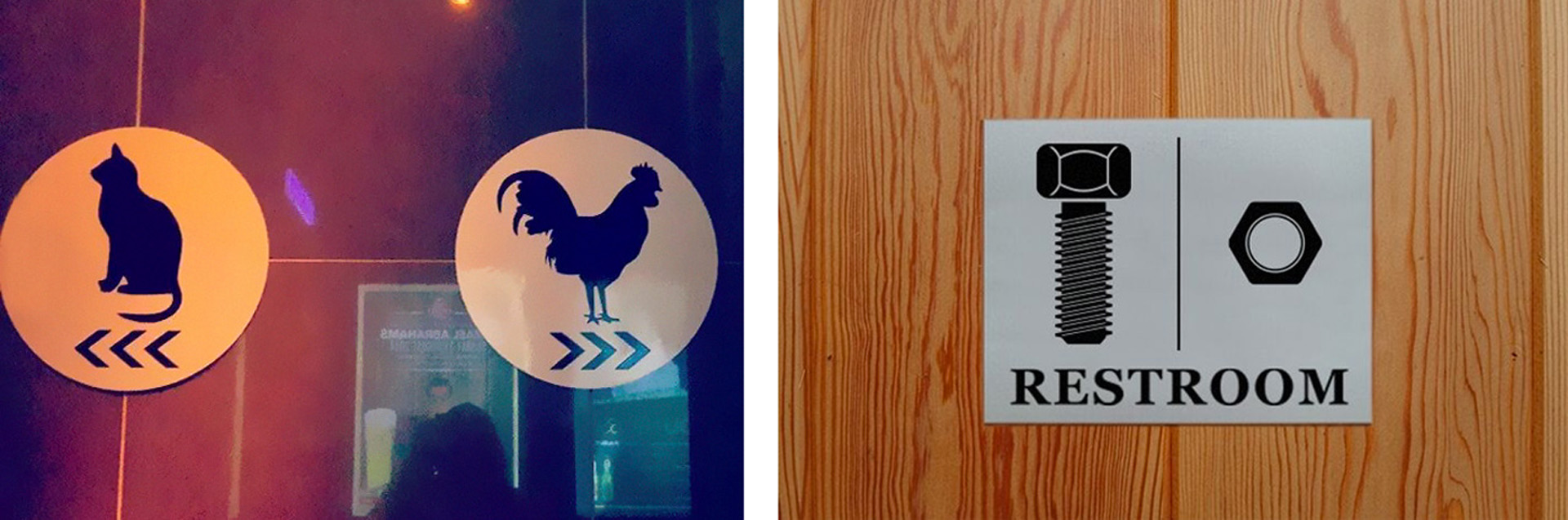 A gauche, deux pictogrammes cote à cote représentent un chat et un coq. Sur l'image de droite, deux pictogrammes positionnés sur une plaque de porte représentent une vis et un boulon.