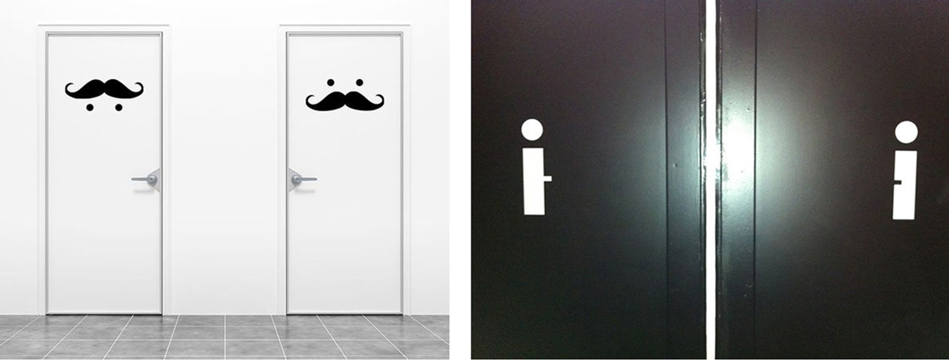 A gauche, deux pictogrammes sont positionnés sur deux portes blanches. L'un représente deux yeux et une moustache et l'autre représente deux yeux et des sourcils. Sur l'image de droite, on voit deux batons blancs avec une tete au dessus.
