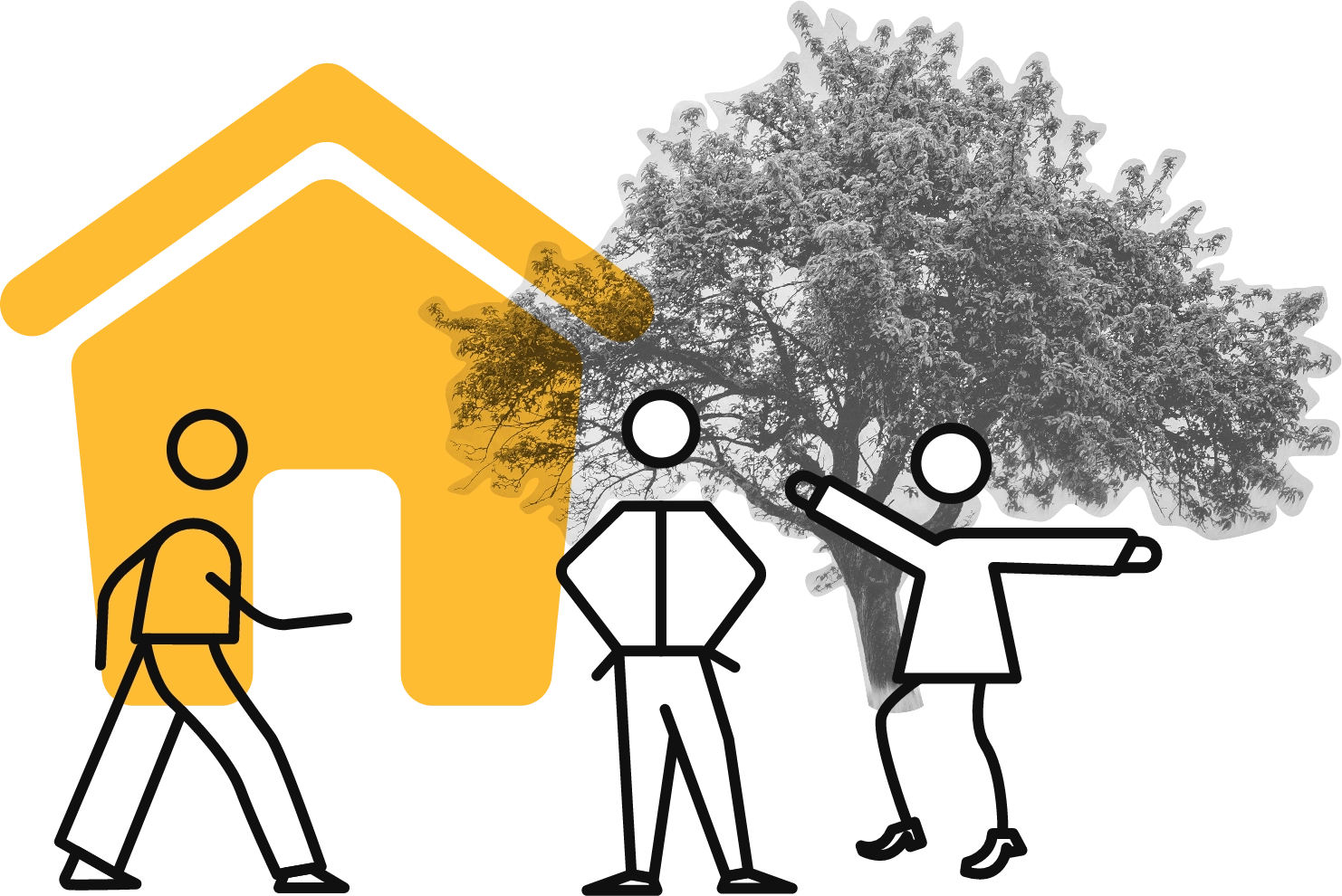 Logo Agence Atipy avec maison jaune, arbre en noir et blanc et trois personnages stylisés devant