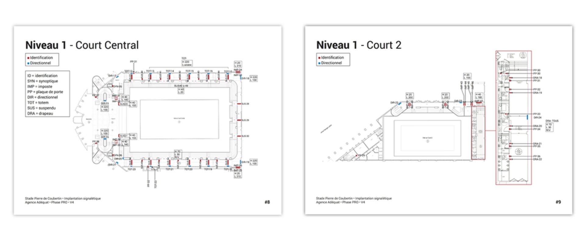 Deux plans de signalétique du Stade Pierre de Coubertin, niveau 1, pour Court Central et Court 2