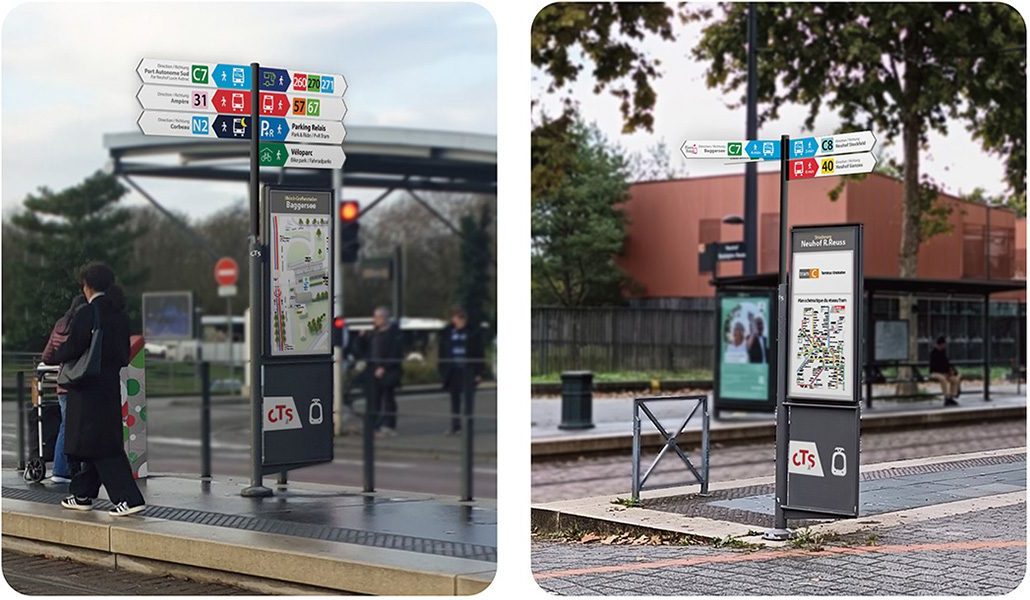 Deux totems de signalétique avec plan et panneaux de lignes installés sur des quais de tramway
