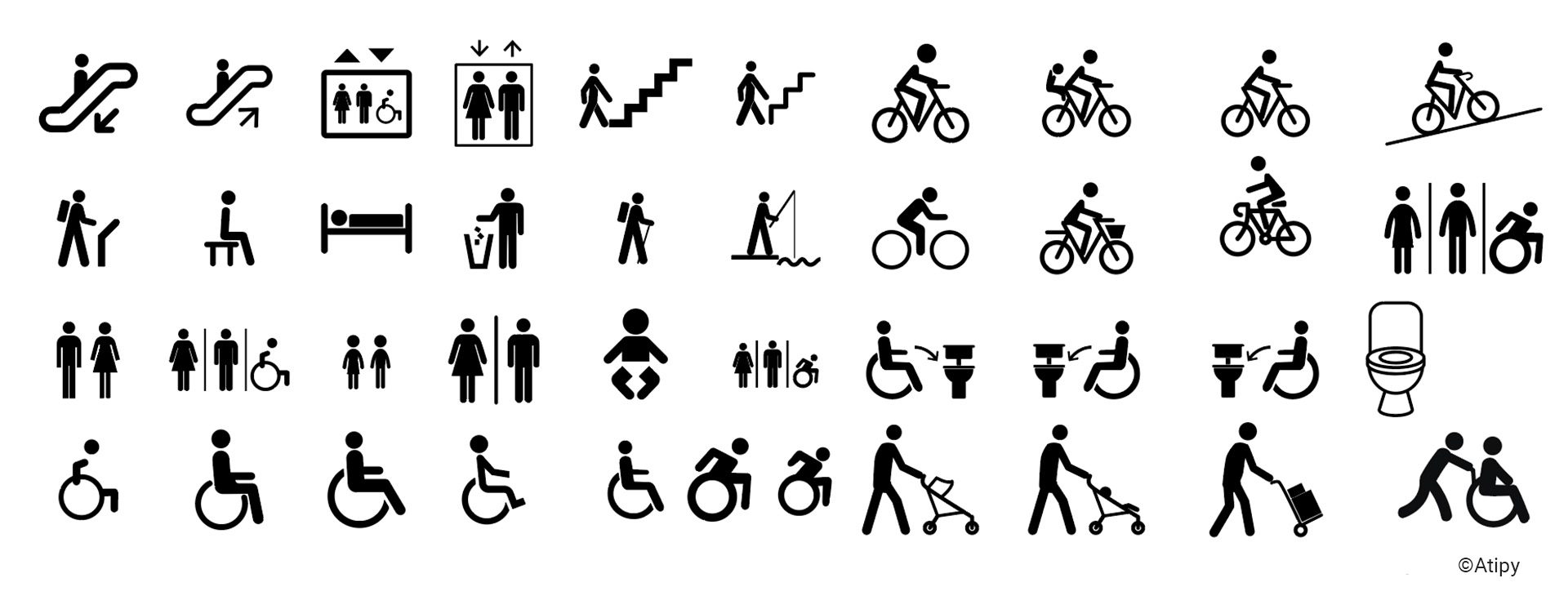 Ensemble de pictogrammes noir sur fond gris : escalator, ascenseur, escaliers, vélos, toilettes et fauteuils roulants