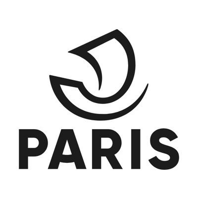 Logo Paris noir avec symbole stylisé en forme de voile ou de feuille au-dessus du mot PARIS