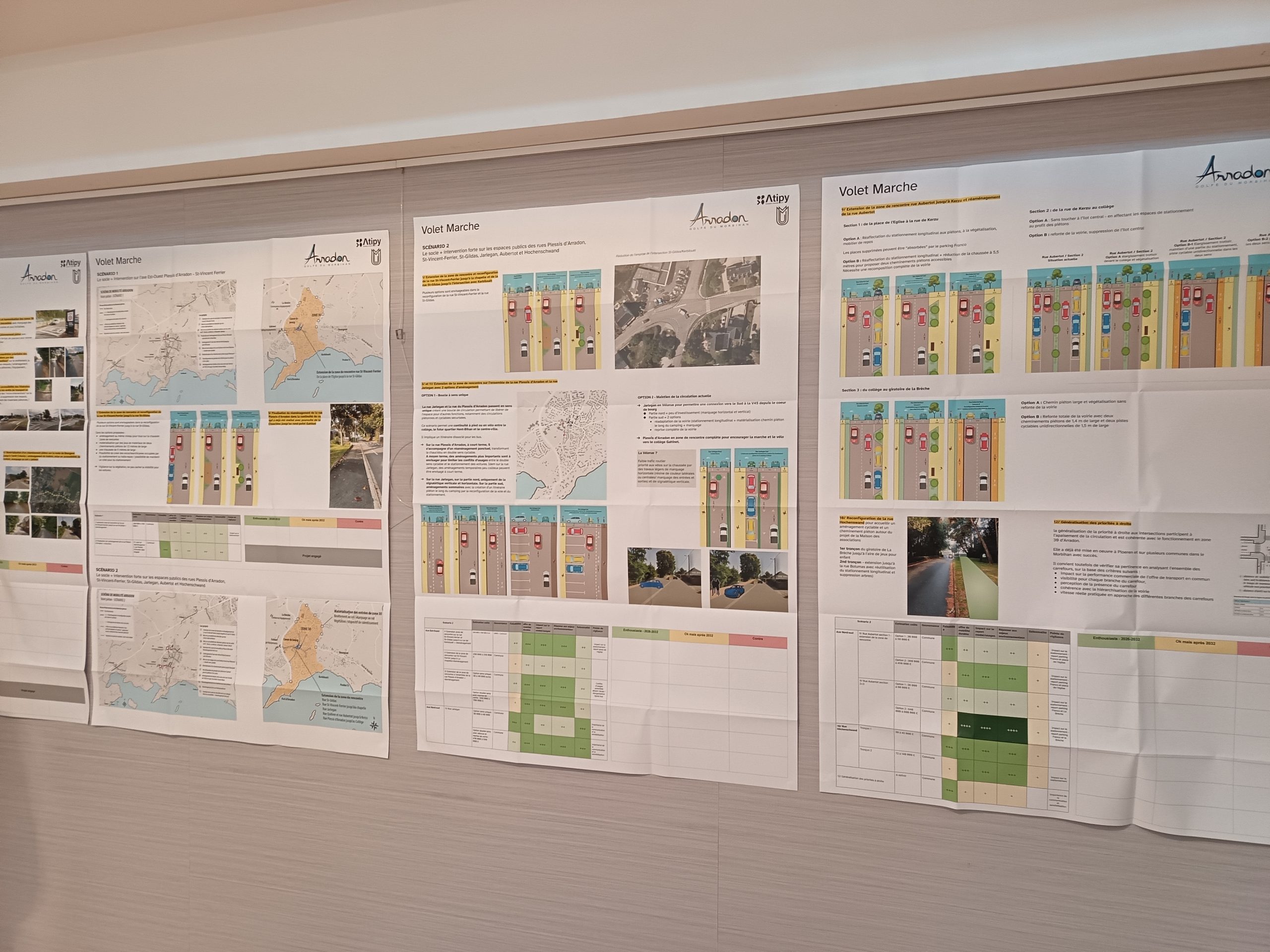 rois panneaux A0 du schéma de mobilité d'Arradon affichés sur un mur de salle de réunion, présentant le "Volet Marche" avec cartes, coupes de voiries et tableaux d'évaluation.
