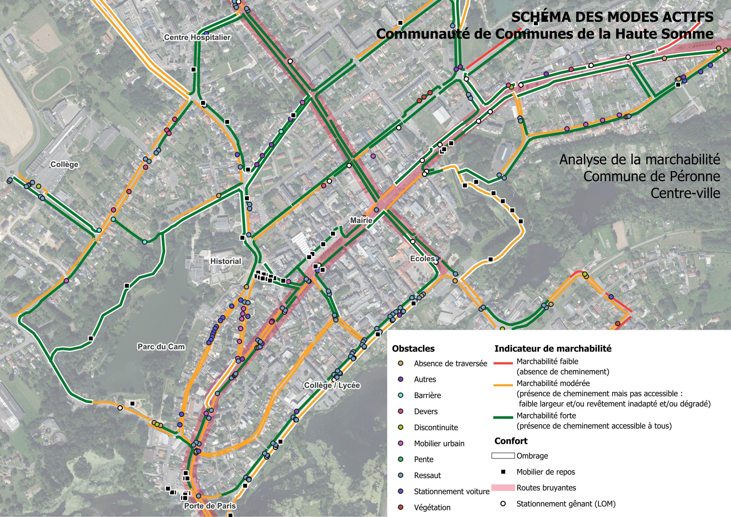 Carte d'analyse de la marchabilité du centre-ville de Péronne sur fond de photo aérienne : itinéraires piétons classés selon leur niveau de marchabilité, obstacles relevés et éléments de confort.