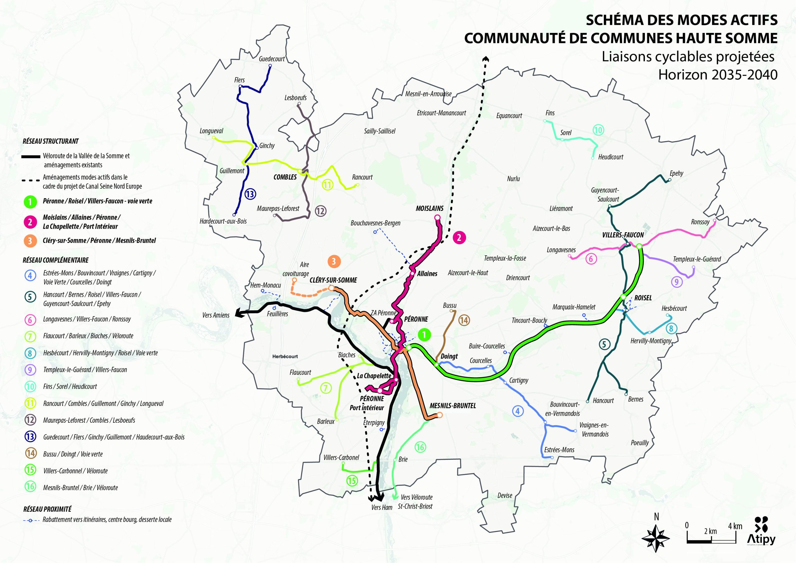 Carte des liaisons cyclables projetées à l'horizon 2035-2040 sur la Communauté de communes de la Haute Somme : trois liaisons structurantes, treize liaisons complémentaires et un réseau de proximité.