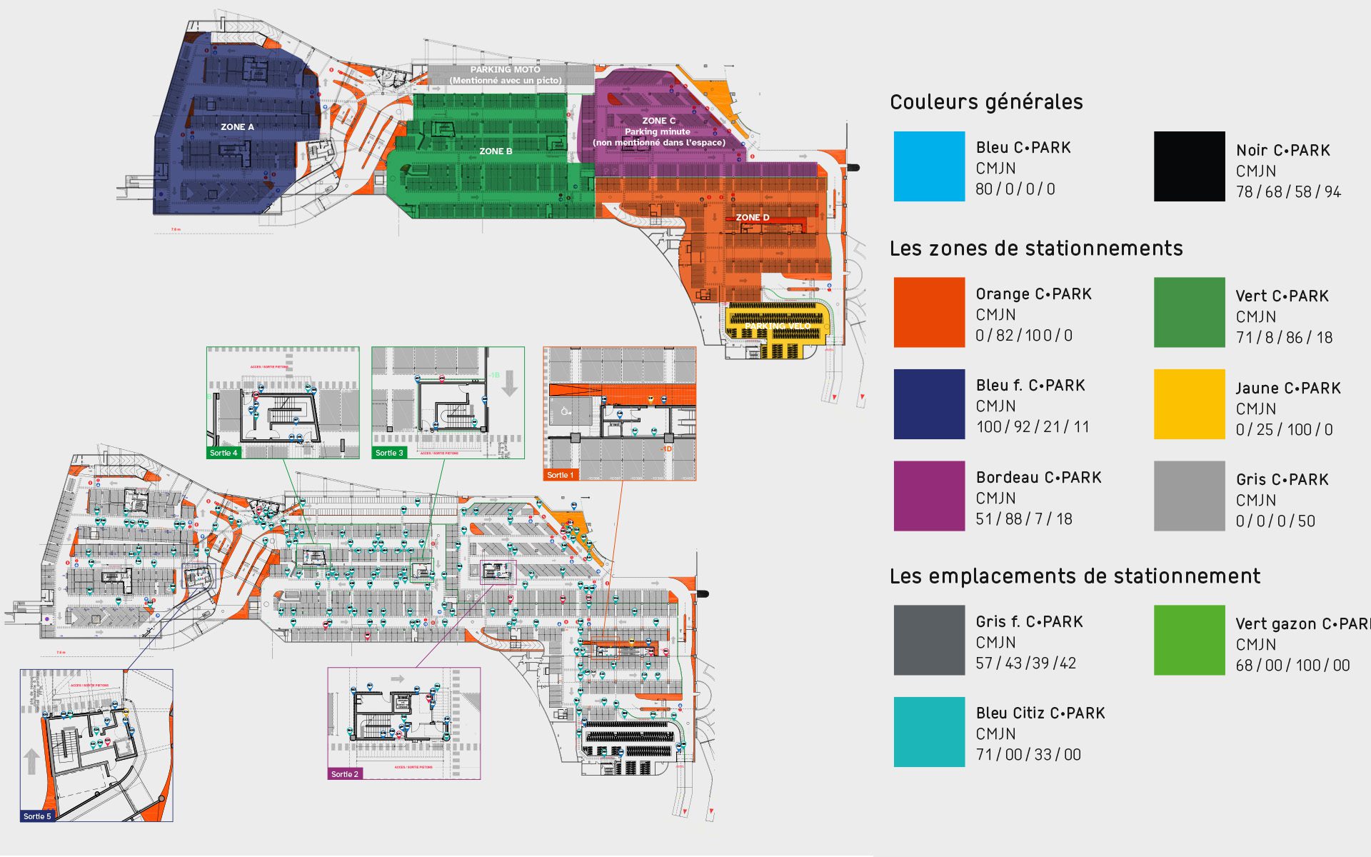 plan d'implantation du niveau -1 mettant en avant les zones identifiées par des couleurs sur le site