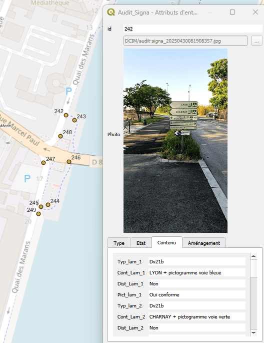 Capture d'écran d'un logiciel SIG affichant la fiche d'attributs d'un point d'audit de la signalisation cyclable, avec la photo du mât relevé sur le terrain et le détail du contenu de ses lames.
