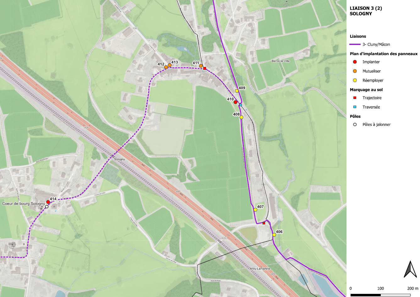 Extrait du plan d'implantation du jalonnement sur la liaison 3 Cluny/Mâcon au niveau de Sologny : localisation numérotée des panneaux à implanter, mutualiser ou réemployer, et des marquages au sol.