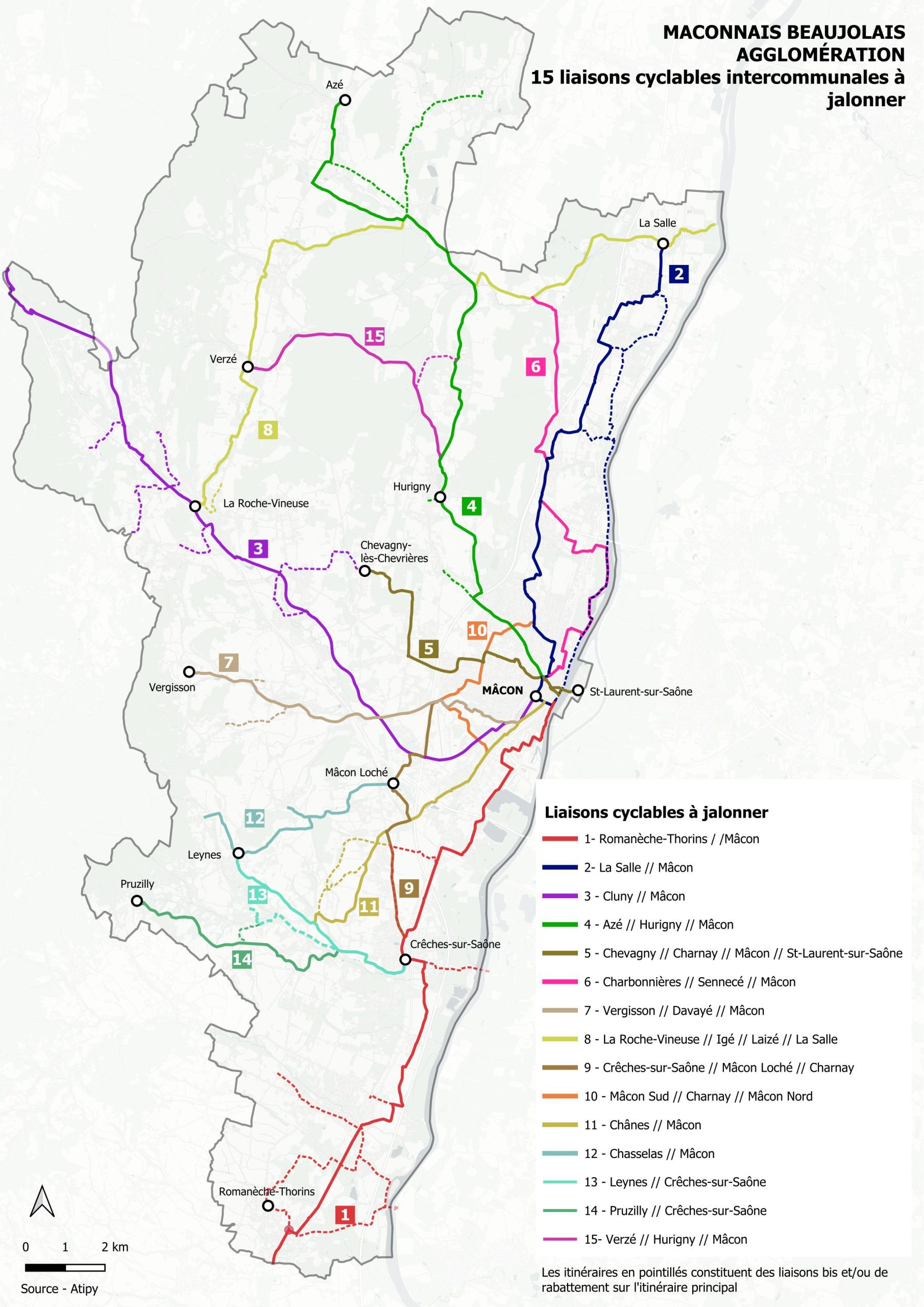 Carte des quinze liaisons cyclables intercommunales à jalonner sur le territoire de Mâconnais Beaujolais Agglomération, chacune représentée par une couleur, convergeant majoritairement vers Mâcon.