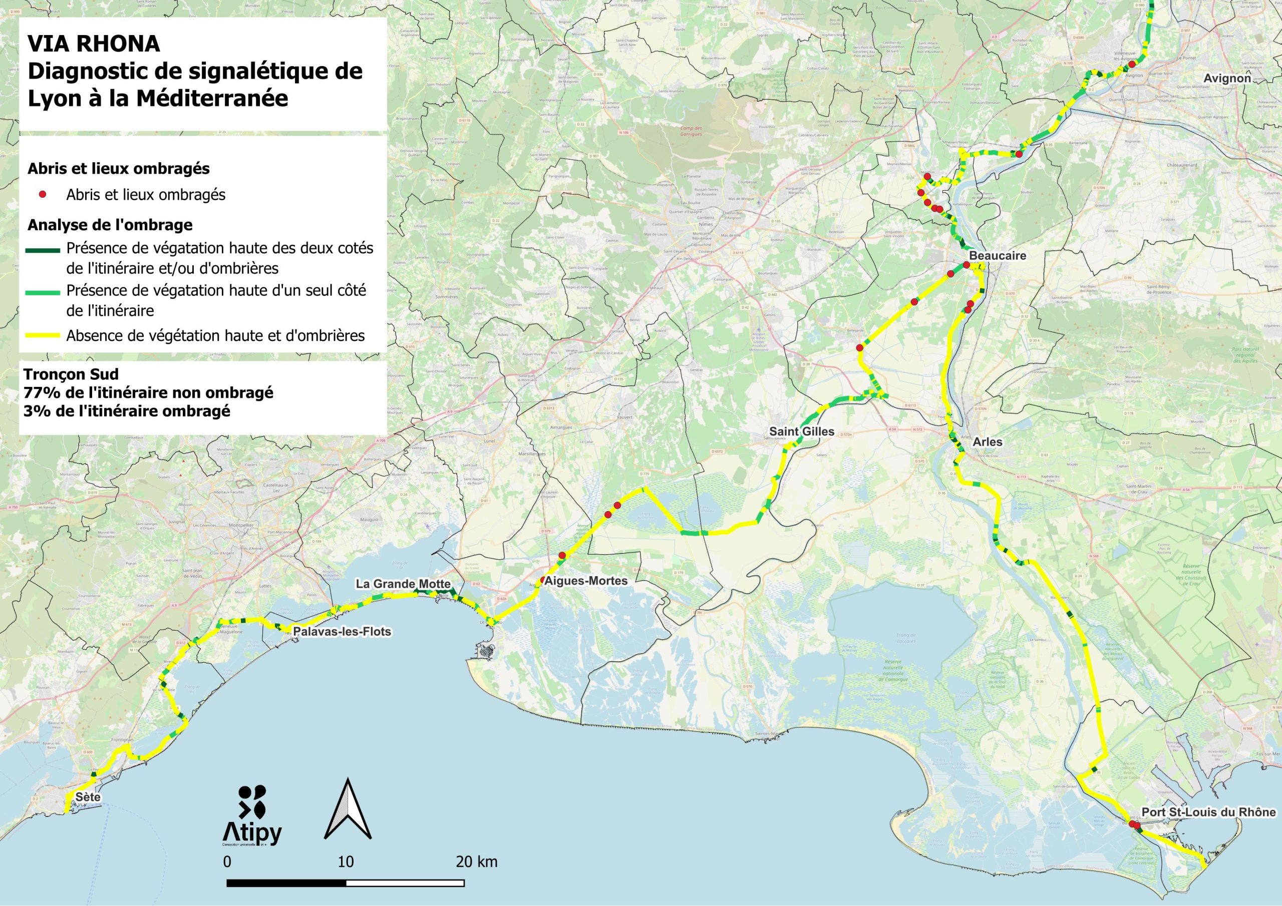 Carte de l'ombrage sur la ViaRhôna d'Avignon à Sète et Port-Saint-Louis-du-Rhône : 77 % du tronçon sud non ombragé, 3 % ombragé.