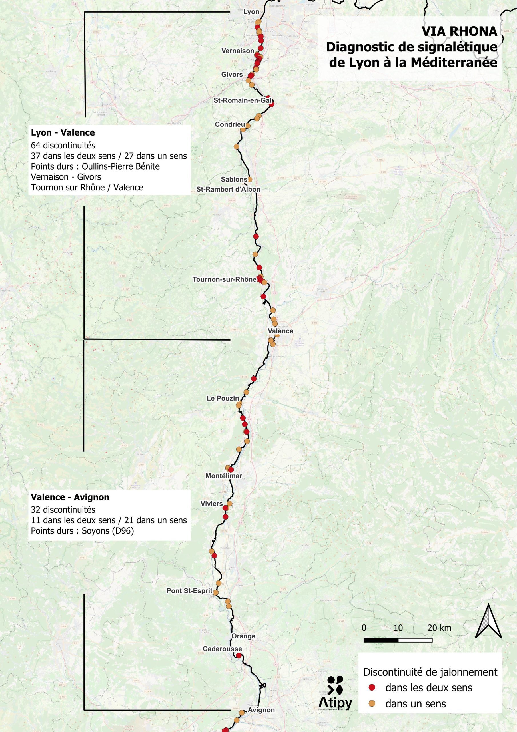 Carte des discontinuités de jalonnement de la ViaRhôna entre Lyon et Avignon : 64 entre Lyon et Valence, 32 entre Valence et Avignon.